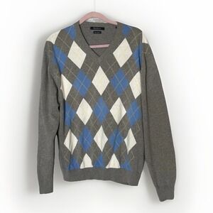 XL Argyle V Neck Cotton Sweater Gray Blue‎ Prep Golf Academia Pullover